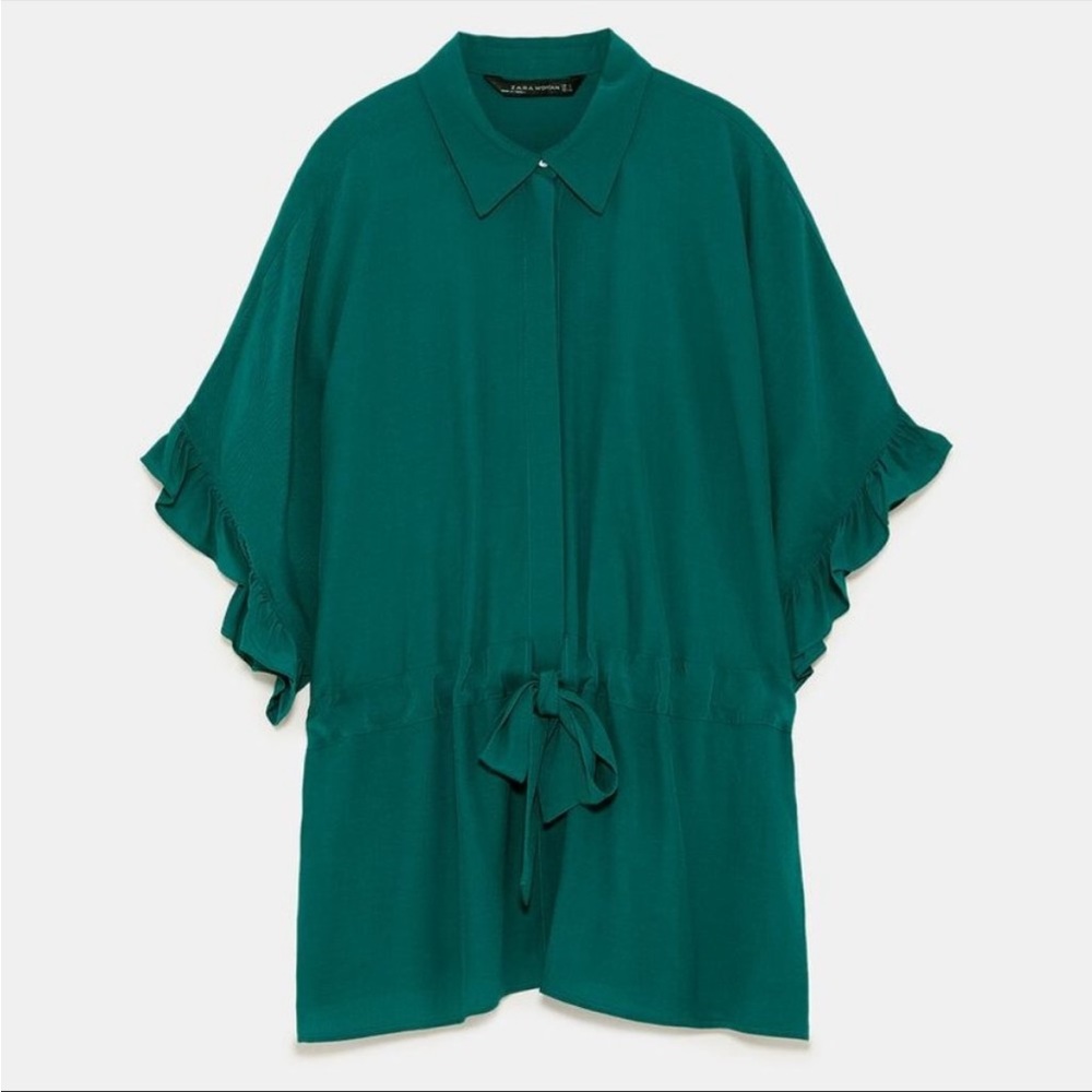 Zara Green Belted Shirt with Ruffles
